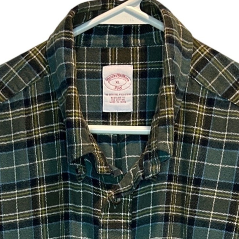 Brooks Brothers 346 Mens XL Flannel Shirt Green Blue Plaid Cotton Regular Fit